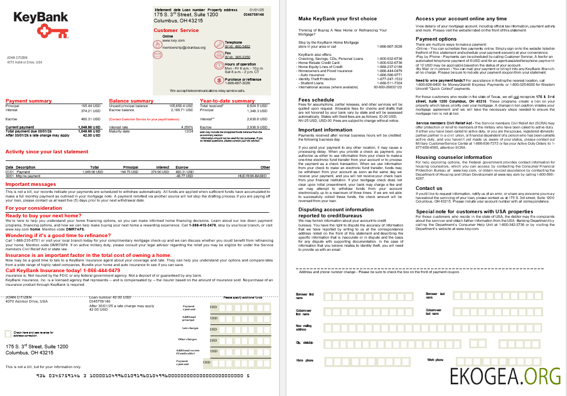 Relevé hypothécaire de la banque USA Ohio KeyBank aux formats Word et PDF, 2 pages